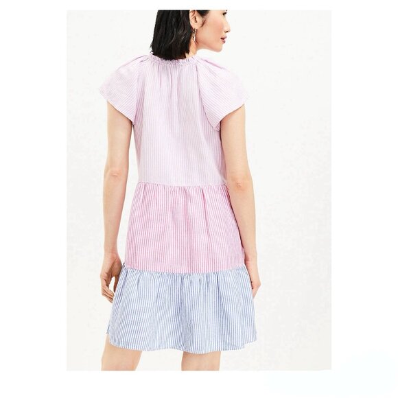 LOFT Womens Dress Striped Tie Neck Tiered Swing Linen Blend Preppy Sz L NWT - Picture 2 of 16